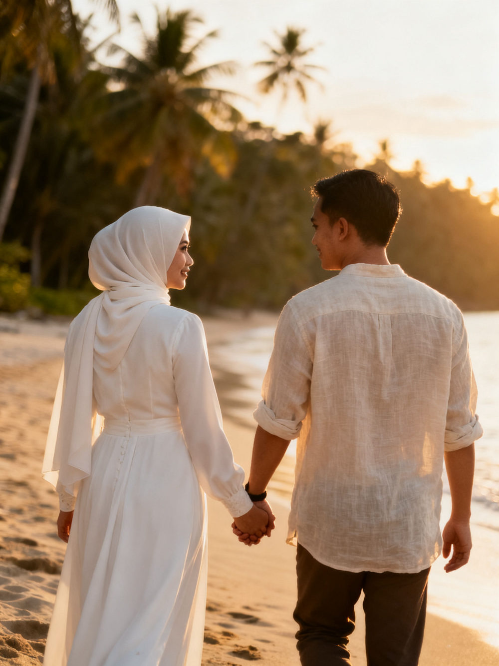 Pasangan pengantin berjalan di pantai